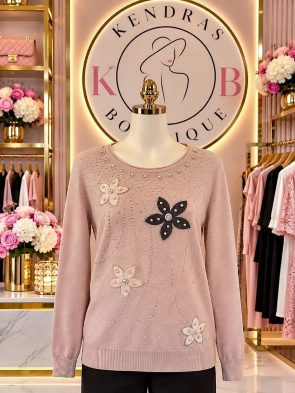 Pink Floral Embellished Crew Neck Sweater
